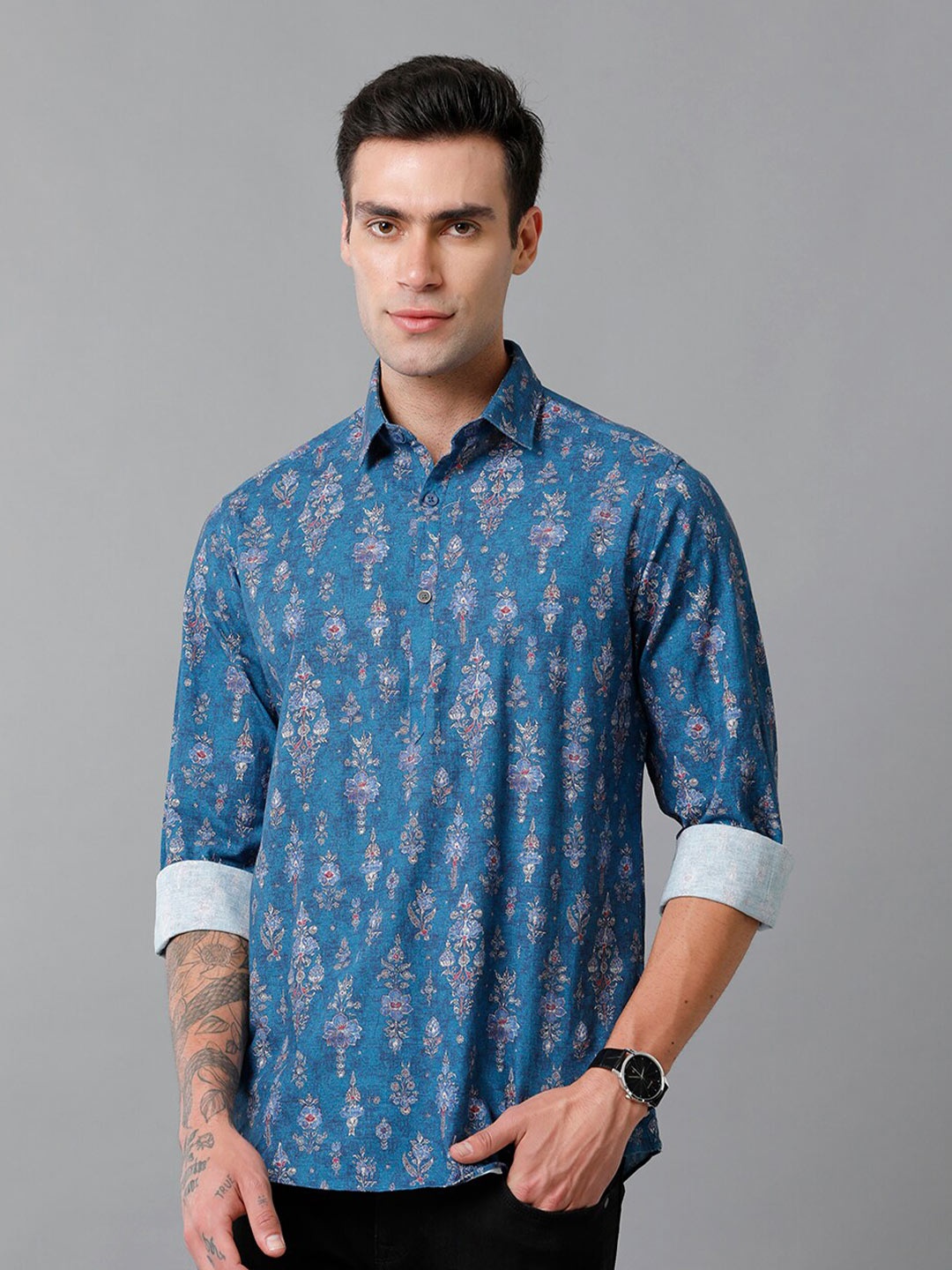 

CAVALLO by Linen Club Contemporary Slim Fit Ethnic Printed Cotton Linen Casual Shirt, Blue