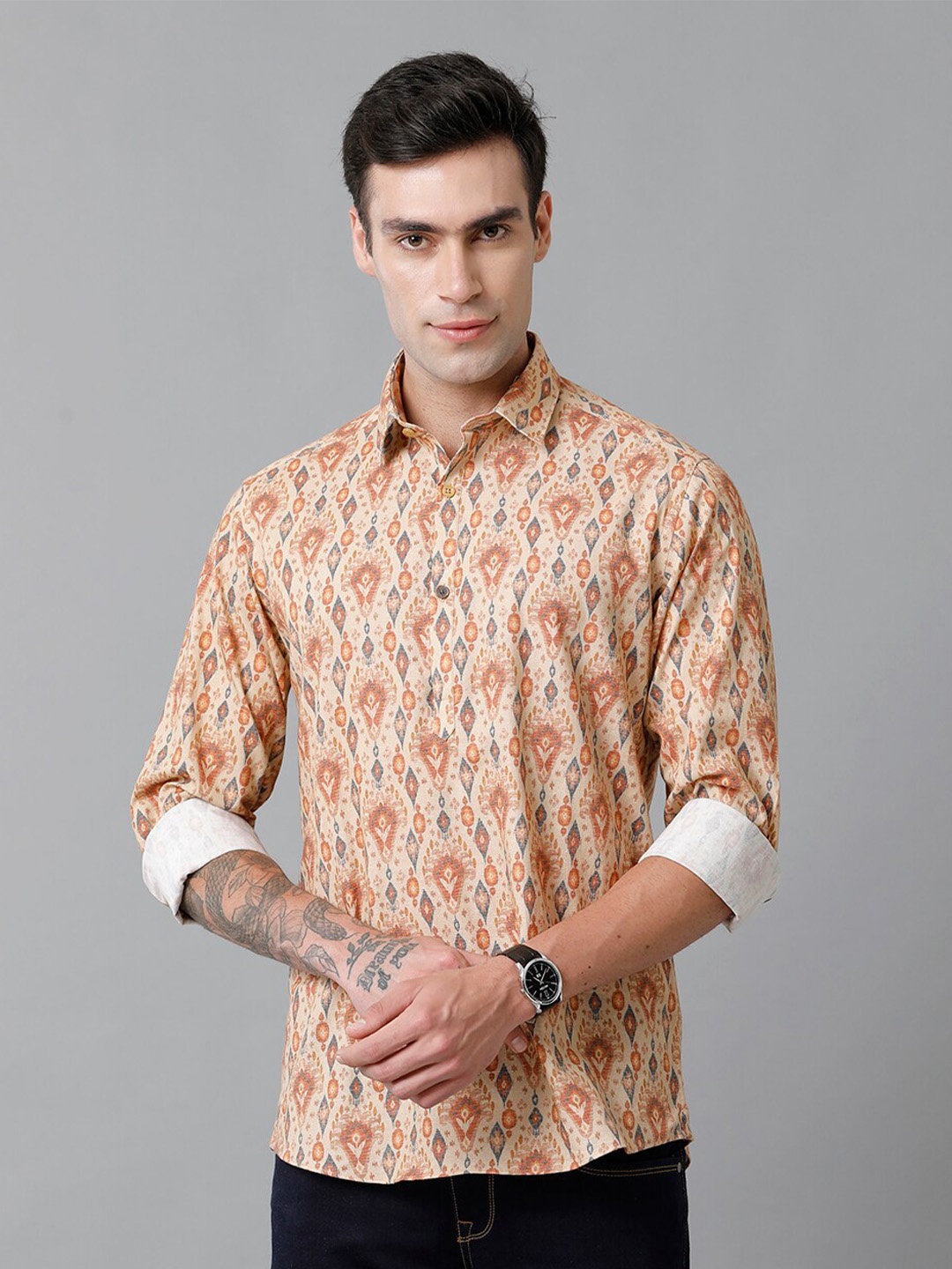 

CAVALLO by Linen Club Contemporary Slim Fit Floral Printed Cotton Linen Casual Shirt, Peach