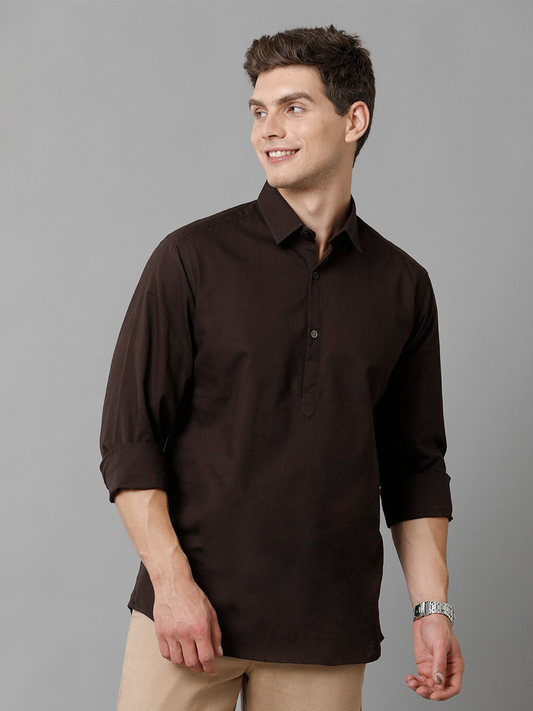 

CAVALLO by Linen Club Contemporary Slim Fit Cotton Linen Casual Shirt, Brown