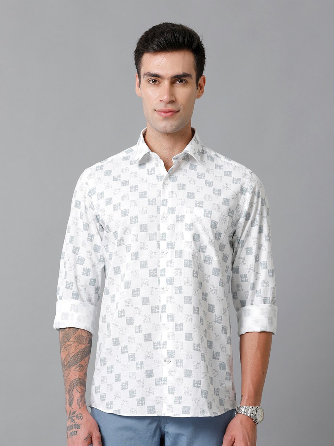 

CAVALLO by Linen Club Contemporary Slim Fit Geometric Printed Cotton Linen Casual Shirt, White