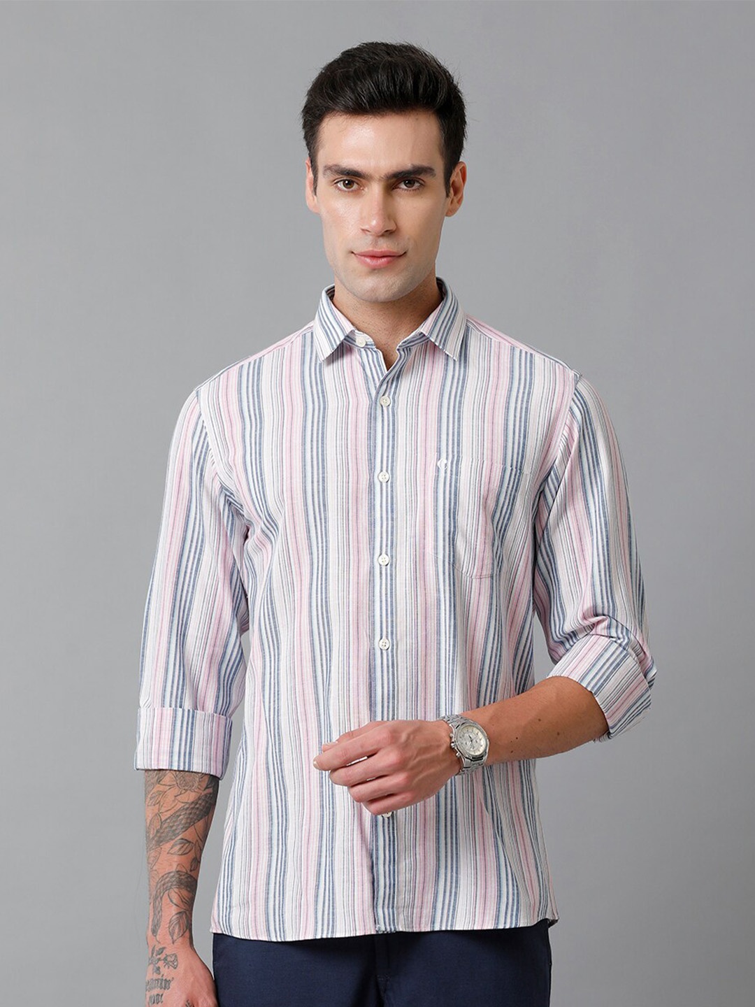 

CAVALLO by Linen Club Striped Contemporary Slim Fit Comfortable Casual Shirt, Blue