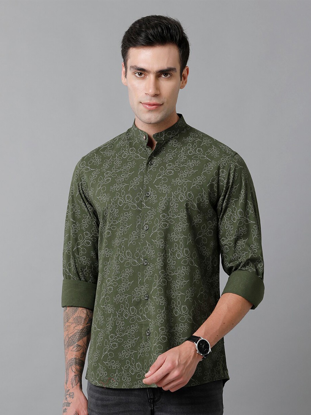

CAVALLO by Linen Club Contemporary Slim Fit Floral Printed Cotton & Linen Casual Shirt, Green