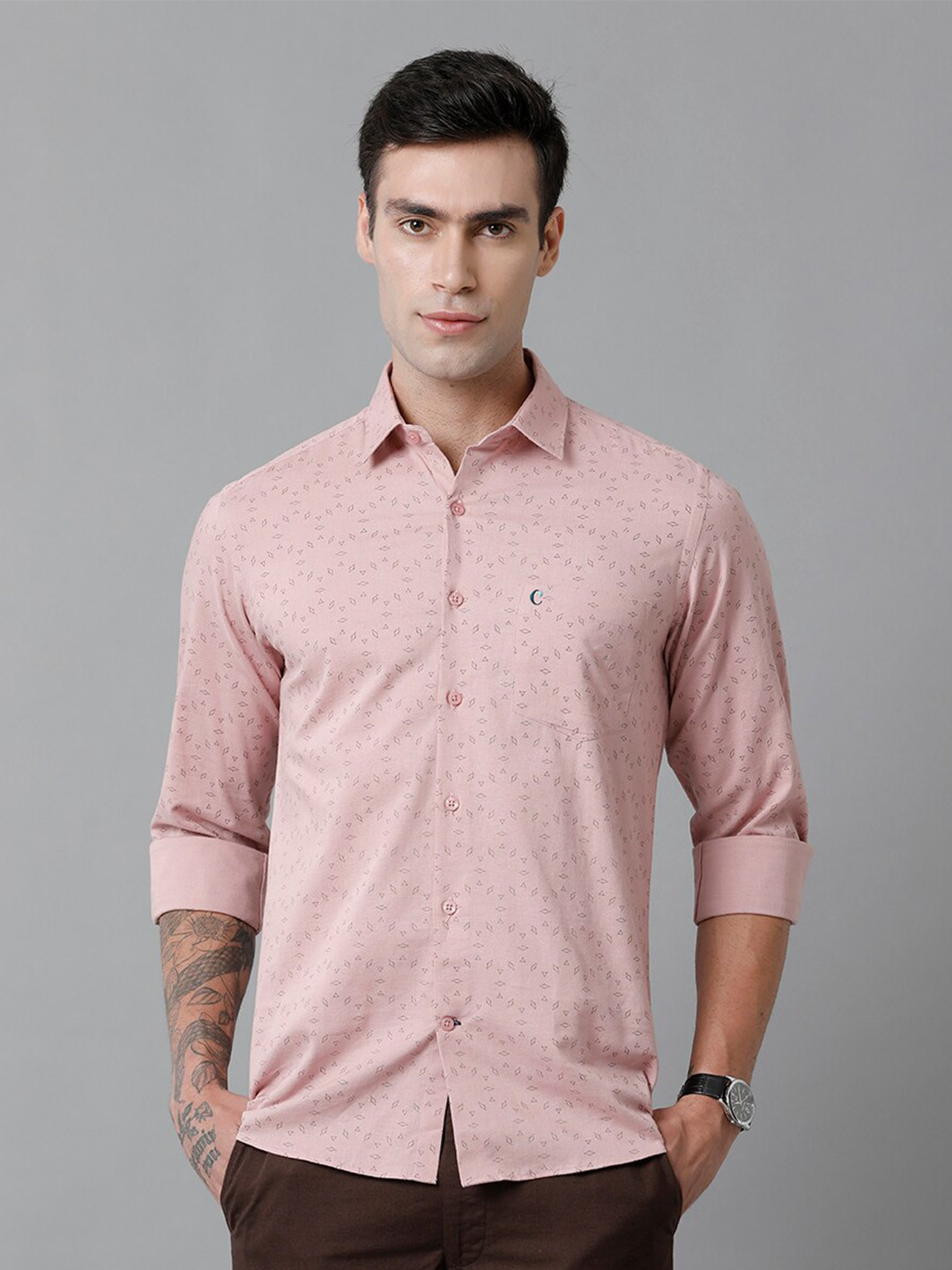 

CAVALLO by Linen Club Contemporary Geometric Printed Slim Fit Cotton Linen Casual Shirt, Peach