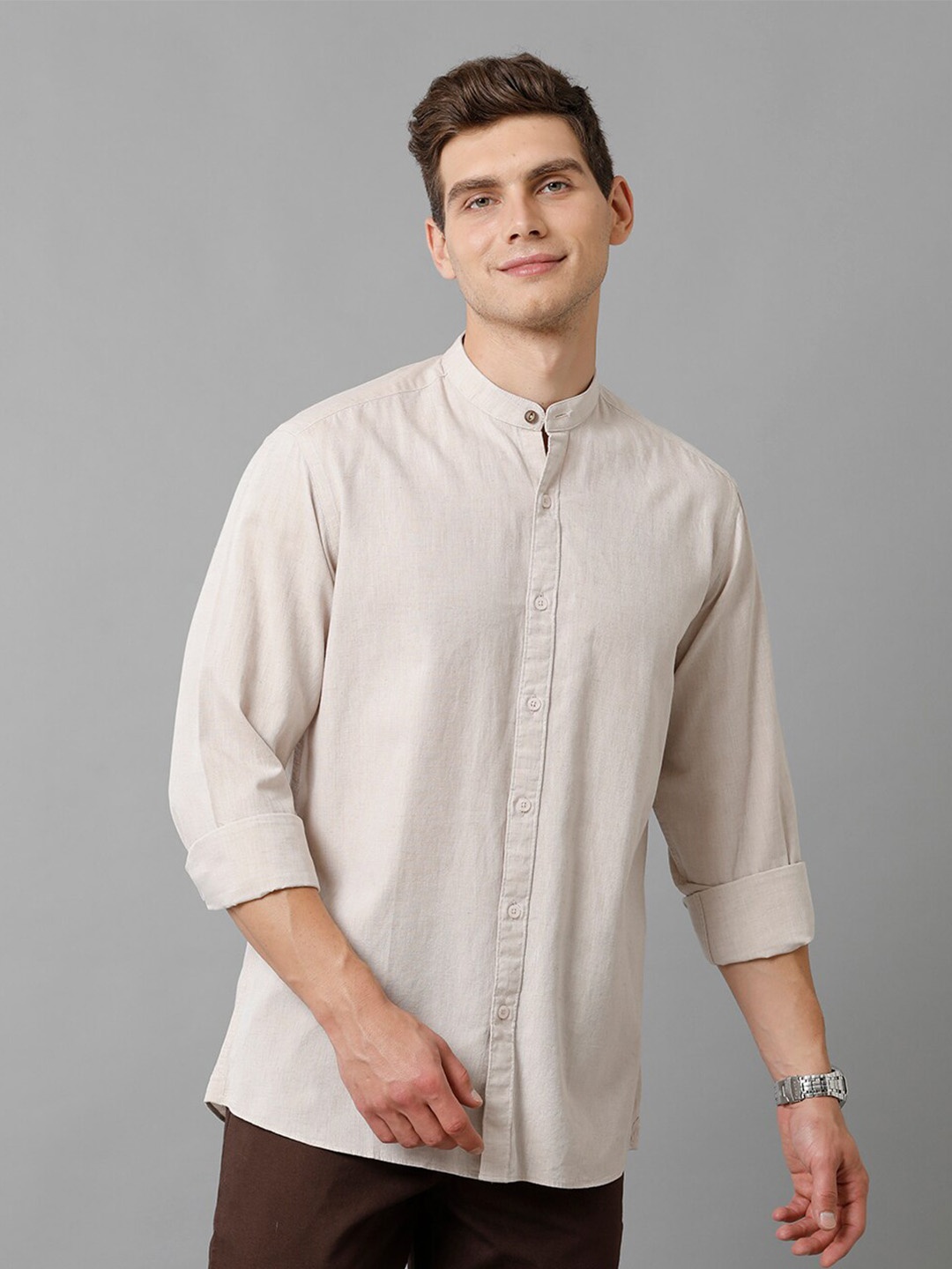 

CAVALLO by Linen Club Contemporary Slim Fit Cotton Linen Casual Shirt, Beige