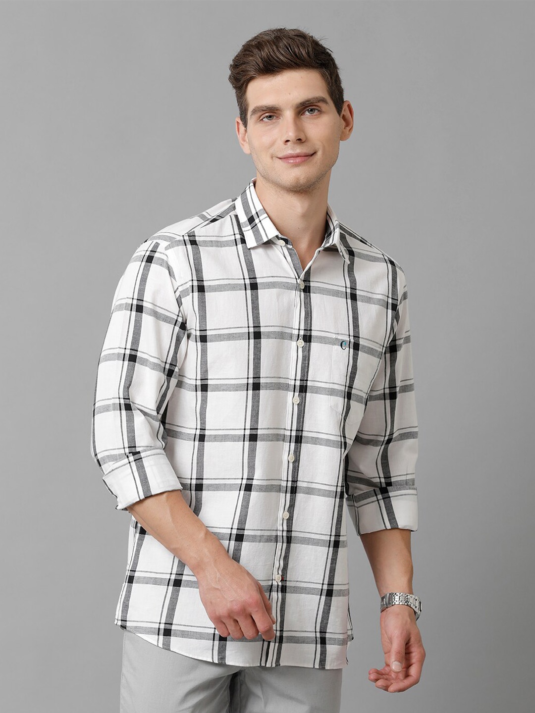 

CAVALLO by Linen Club Contemporary Slim Fit Windowpane Checked Cotton Linen Casual Shirt, Black