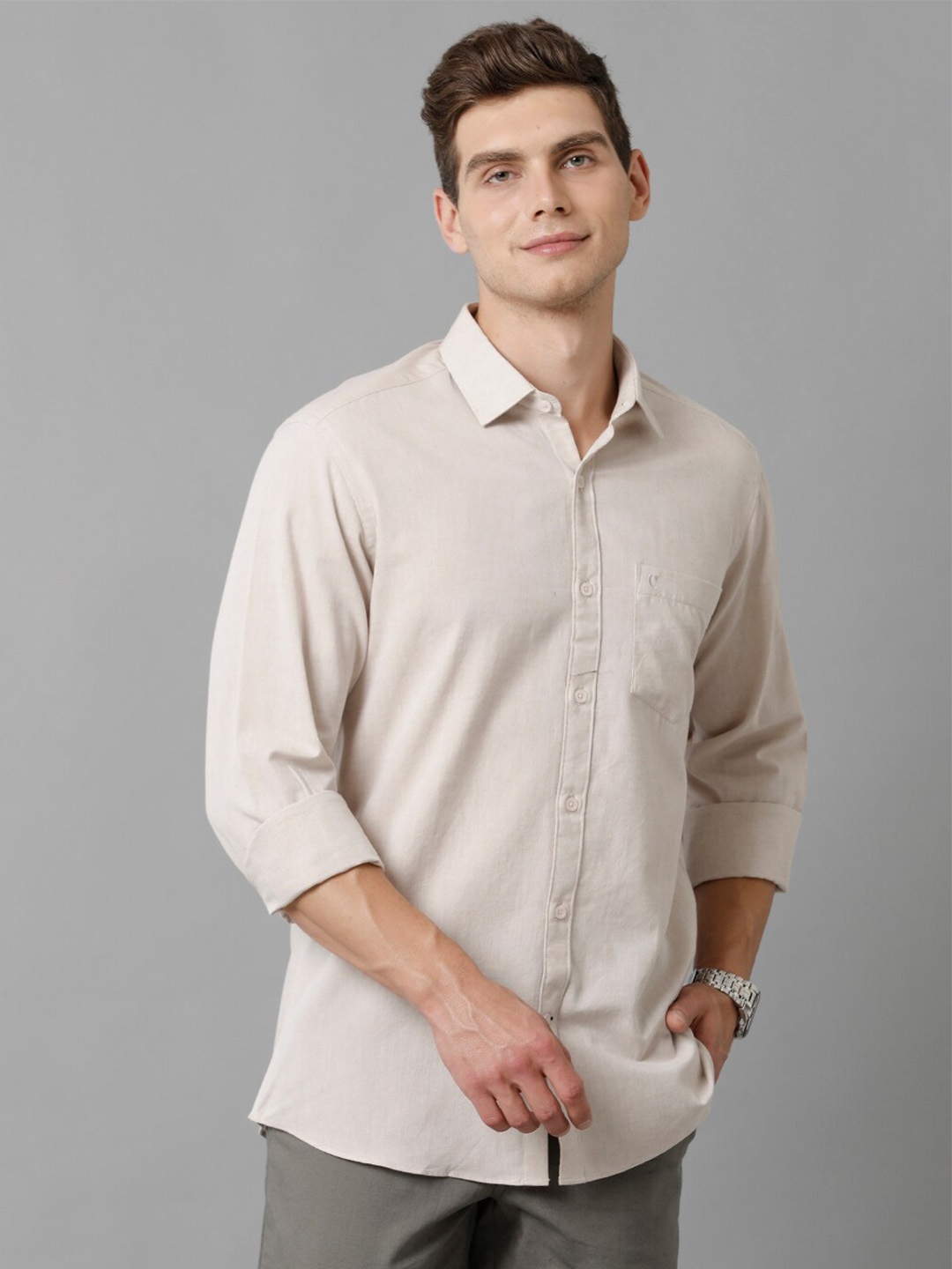 

CAVALLO by Linen Club Contemporary Slim Fit Cotton Linen Casual Shirt, Beige