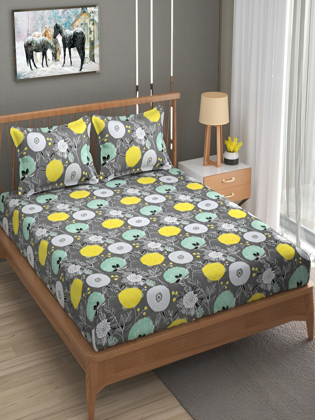 Bromwick Grey & White Floral Cotton 210 TC Queen Bedsheet with 2 Pillow Covers