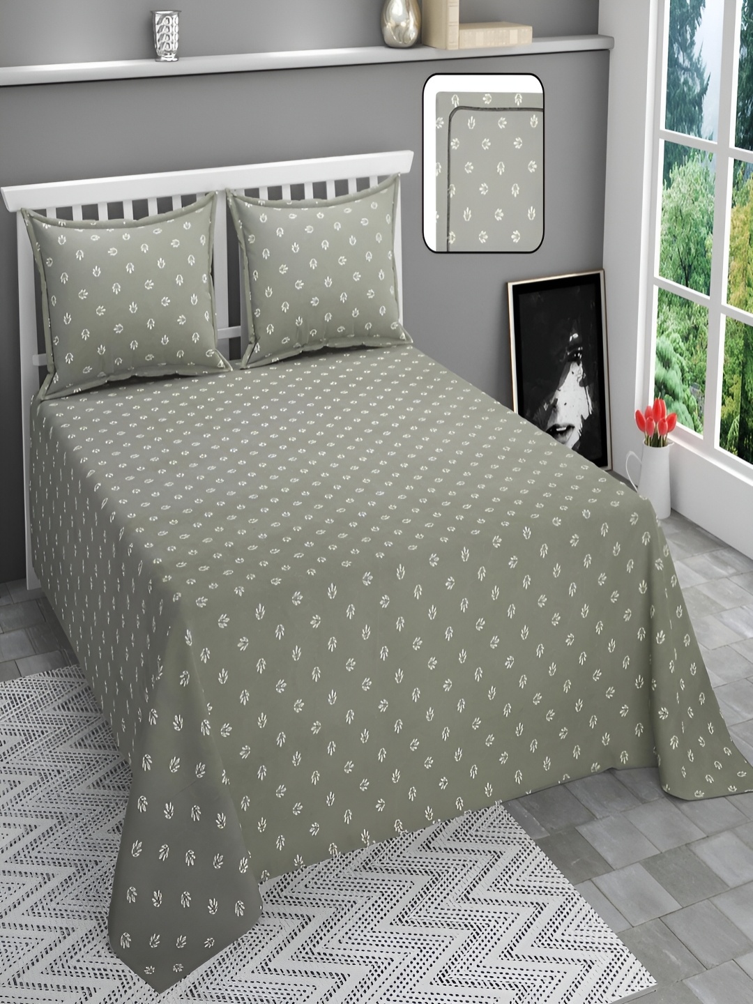 Bromwick Grey Floral Cotton 210 TC Queen Bedsheet with 2 Pillow Covers 110 GSM