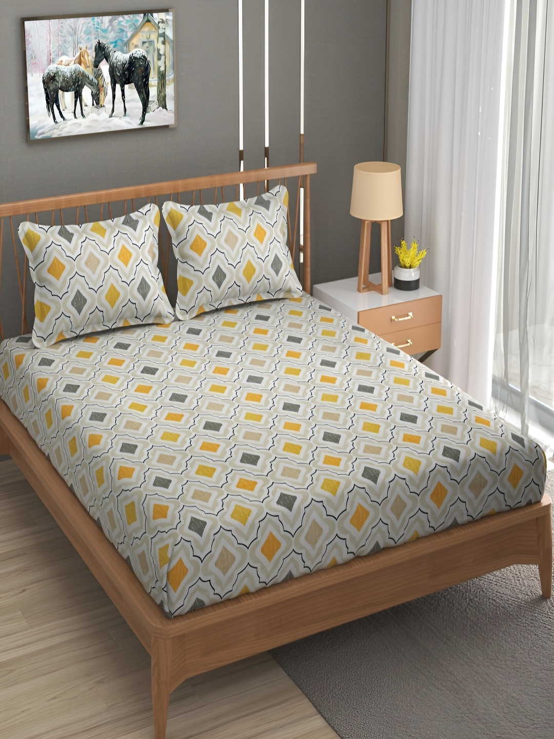 

Bromwick Beige & Yellow Abstract Cotton 210 TC Queen Bedsheet with 2 Pillow Covers