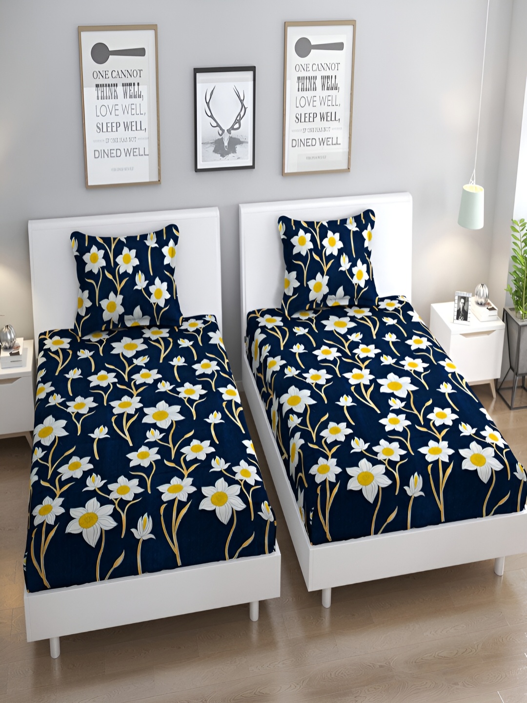 Bromwick Navy Blue & White Floral Cotton 210 TC 2 Single Bedsheet With 2 Pillow Covers