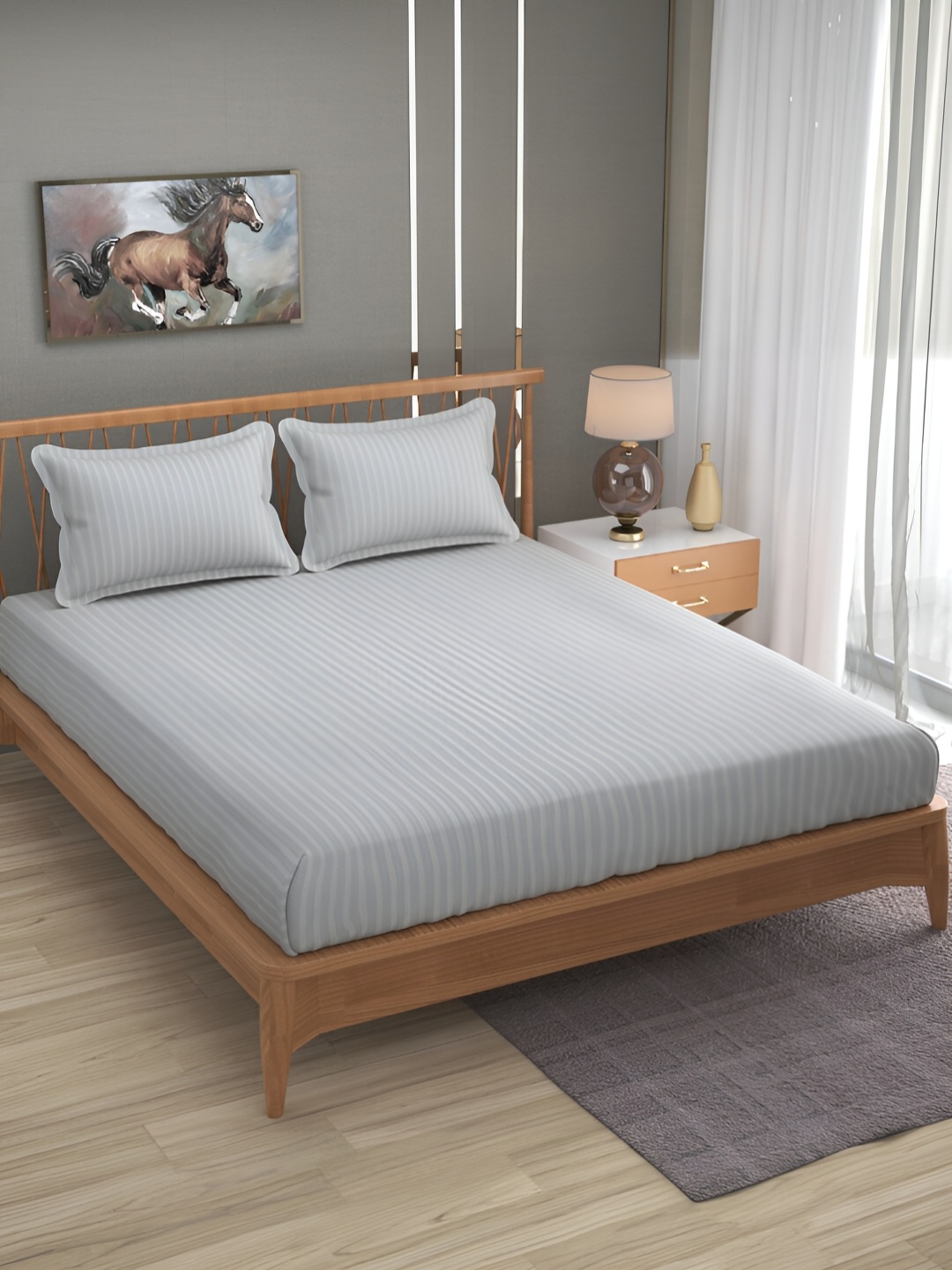 Bromwick Grey Striped Cotton210 TC Queen Bedsheet with 2 Pillow Covers