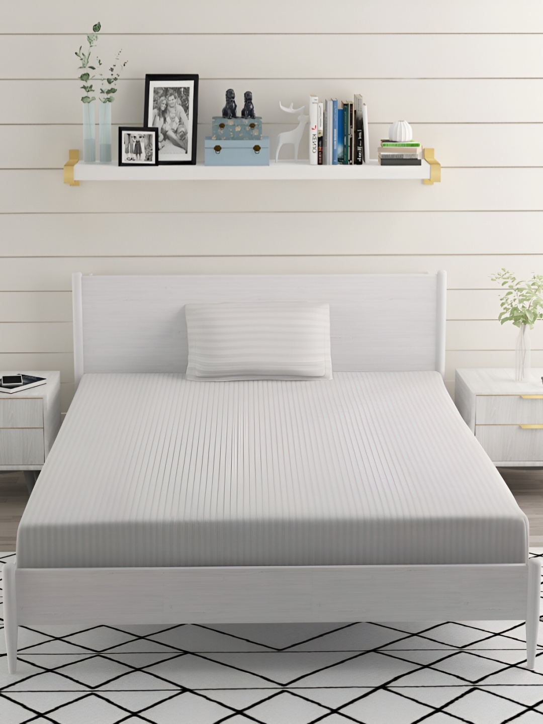 Bromwick Grey Striped Cotton 210 TC Single Bedsheet with 1 Pillow Cover 110 GSM