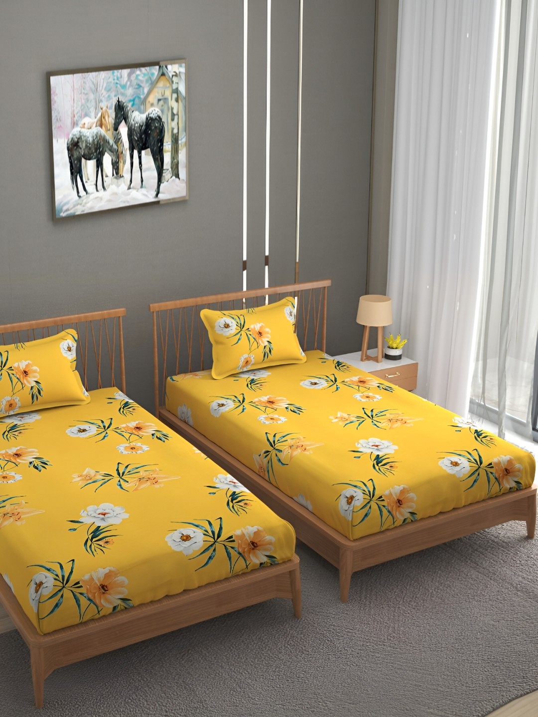 

Bromwick Yellow& White Floral Cotton 210 TC 2 Single Bedsheet with 2 Pillow Covers