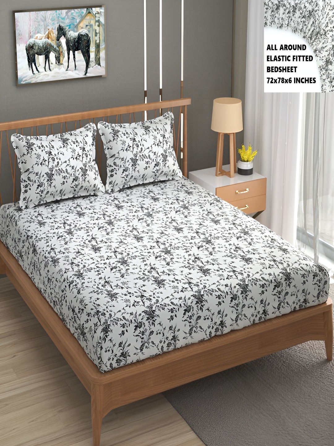 

Bromwick Black Floral Cotton 210 TC Fitted Crib Bedsheet with 2 Pillow Covers 110 GSM