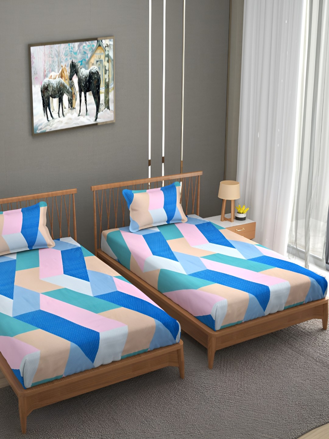 

Bromwick Pink& Blue Abstract Cotton 210 TC 2 Single Bedsheet with 2 Pillow Covers