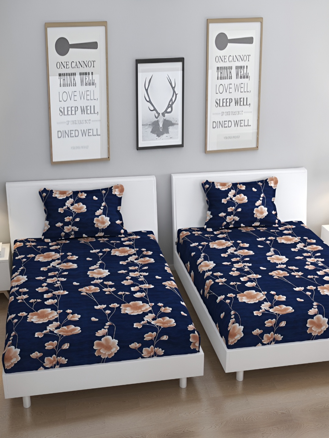 Bromwick Navy Blue & Brown Floral Cotton 210 TC 2 Single Bedsheet With 2 Pillow Covers