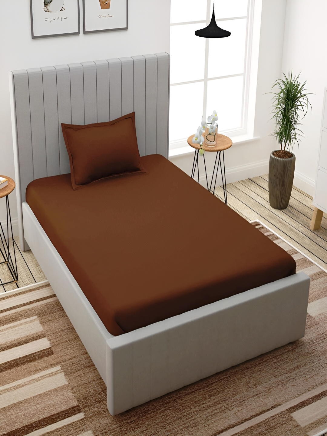 Bromwick Brown Cotton 210 TC Single Bedsheet With 1 Pillow Cover