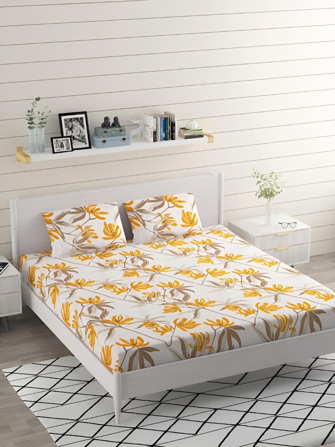

Bromwick White & Orange Floral Cotton 210 TC Queen Bedsheet With 2 Pillow Covers