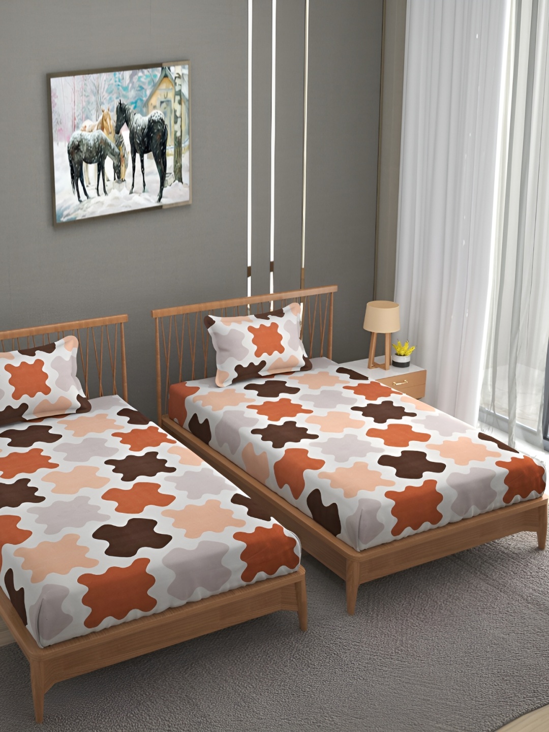 

Bromwick Peach& Brown Abstract Cotton 210 TC 2 Single Bedsheet with 2 Pillow Covers