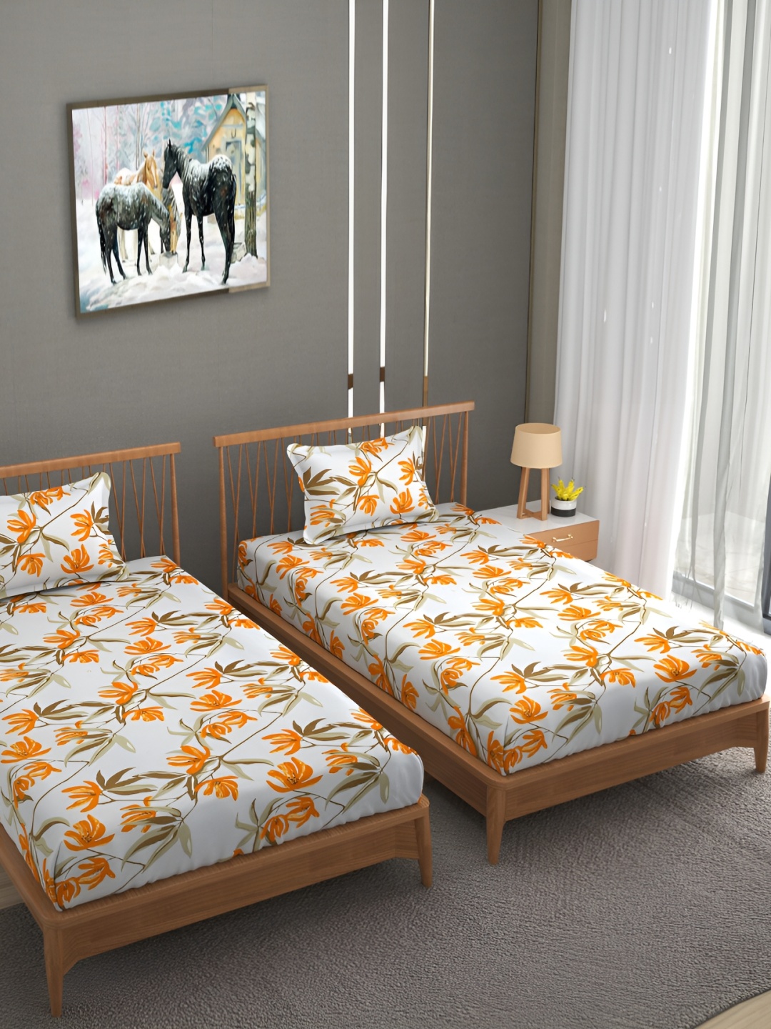 

Bromwick Orange Floral Cotton 210 TC 2 Single Bedsheet with 2 Pillow Covers 110 GSM