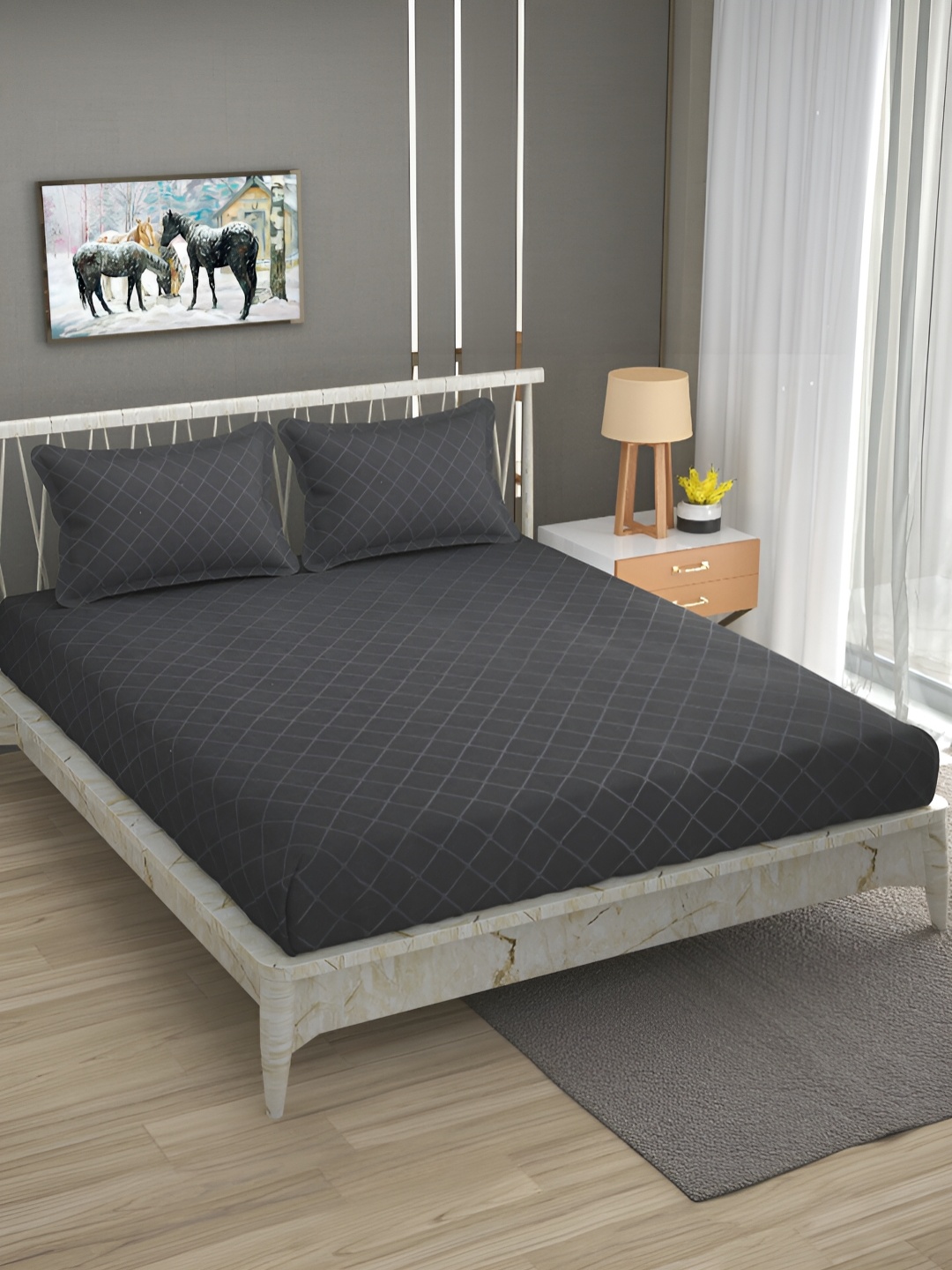 Bromwick Grey Geometric Cotton 210 TC Queen Bedsheet With 2 Pillow Covers