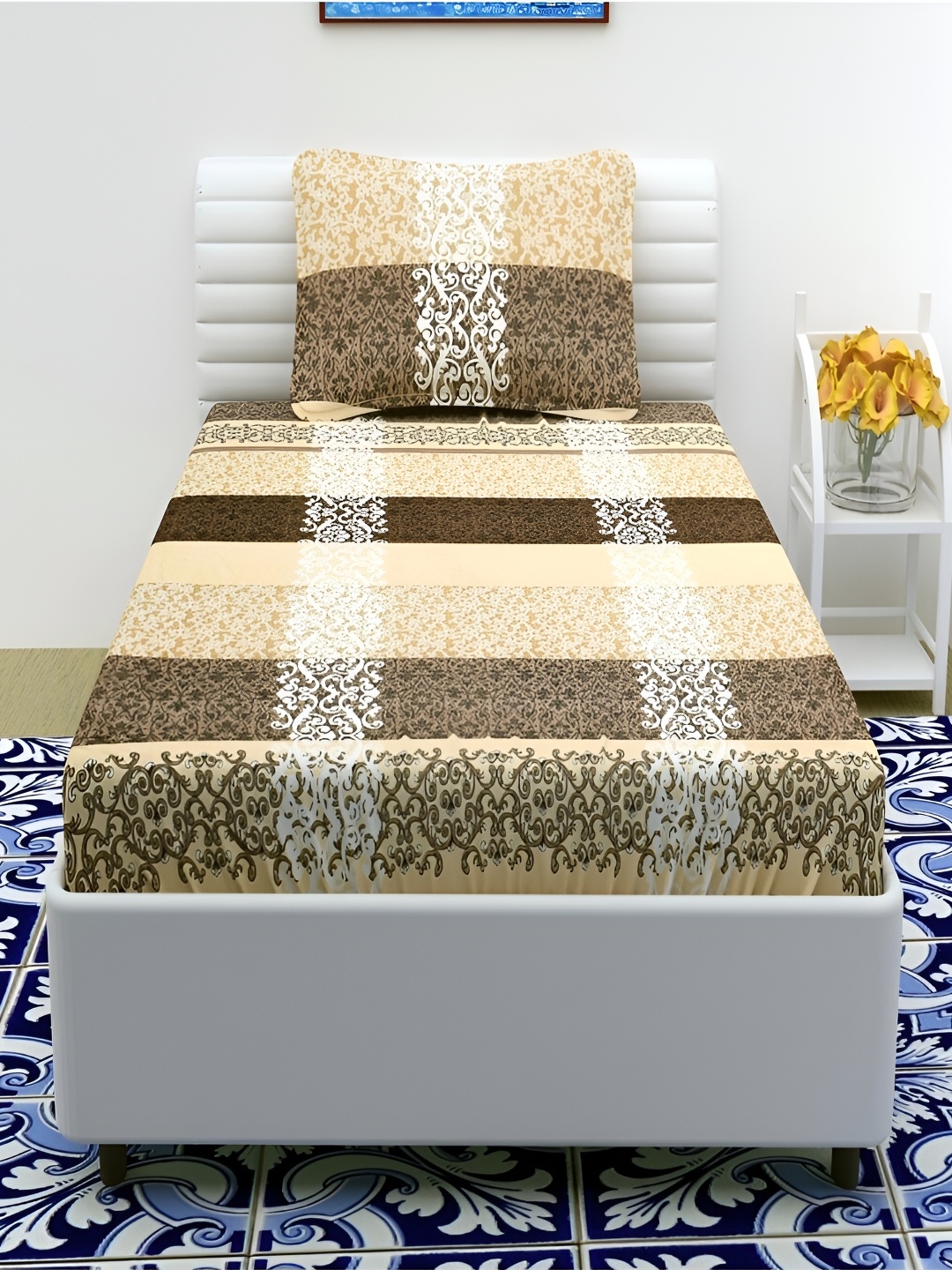 Bromwick Beige & White Ethnic Motifs Cotton 210 TC Single Bedsheet With 1 Pillow Cover