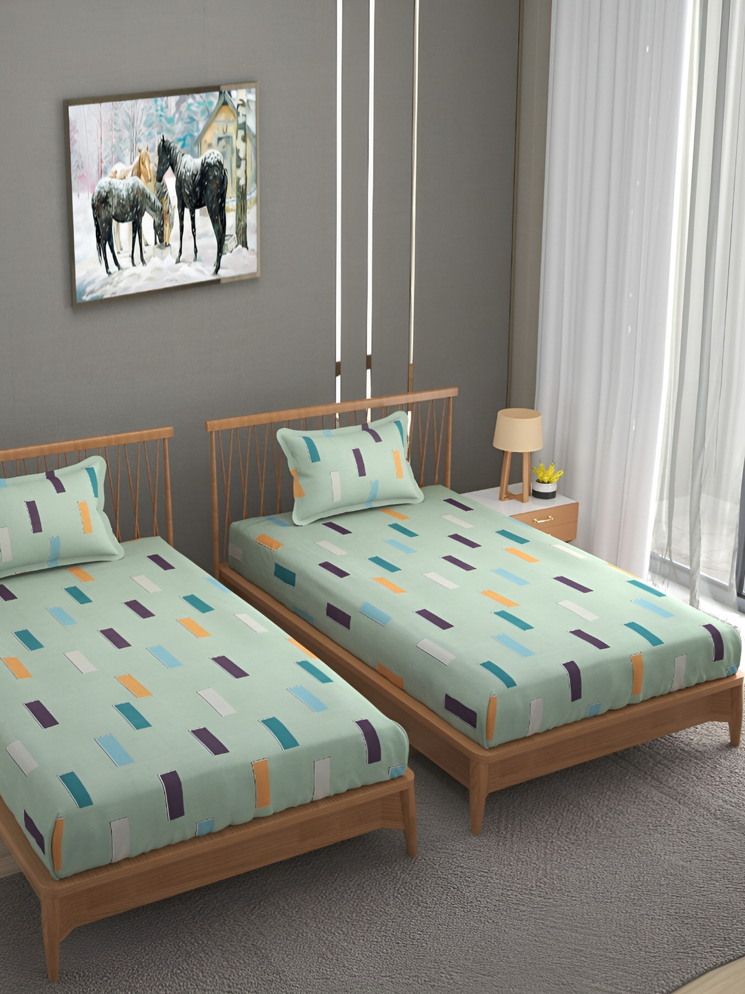 

Bromwick Green& Yellow Abstract Cotton 210 TC 2 Single Bedsheet with 2 Pillow Covers