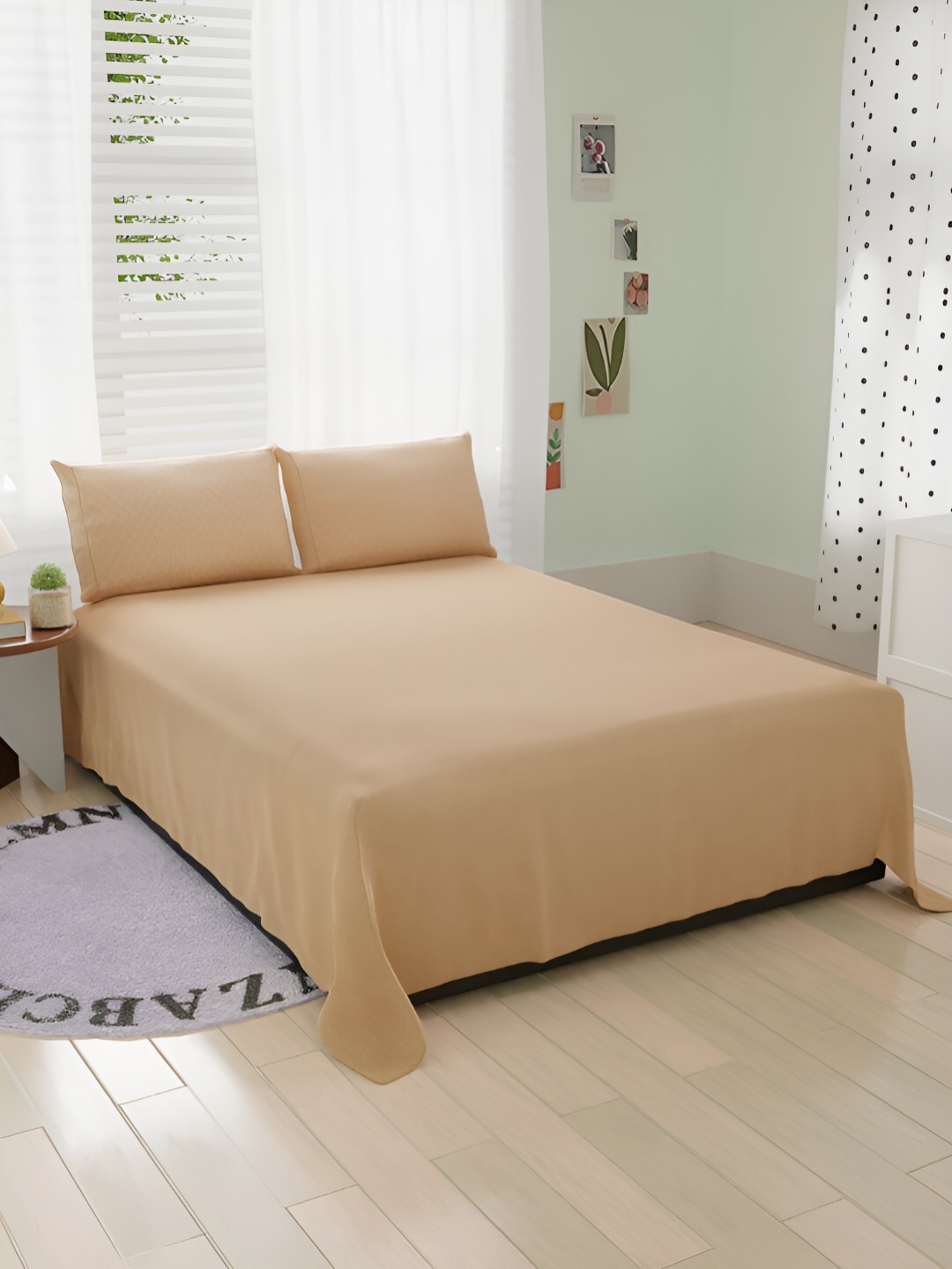 Bromwick Beige Cotton 210 TC Queen Bedsheet With 2 Pillow Covers