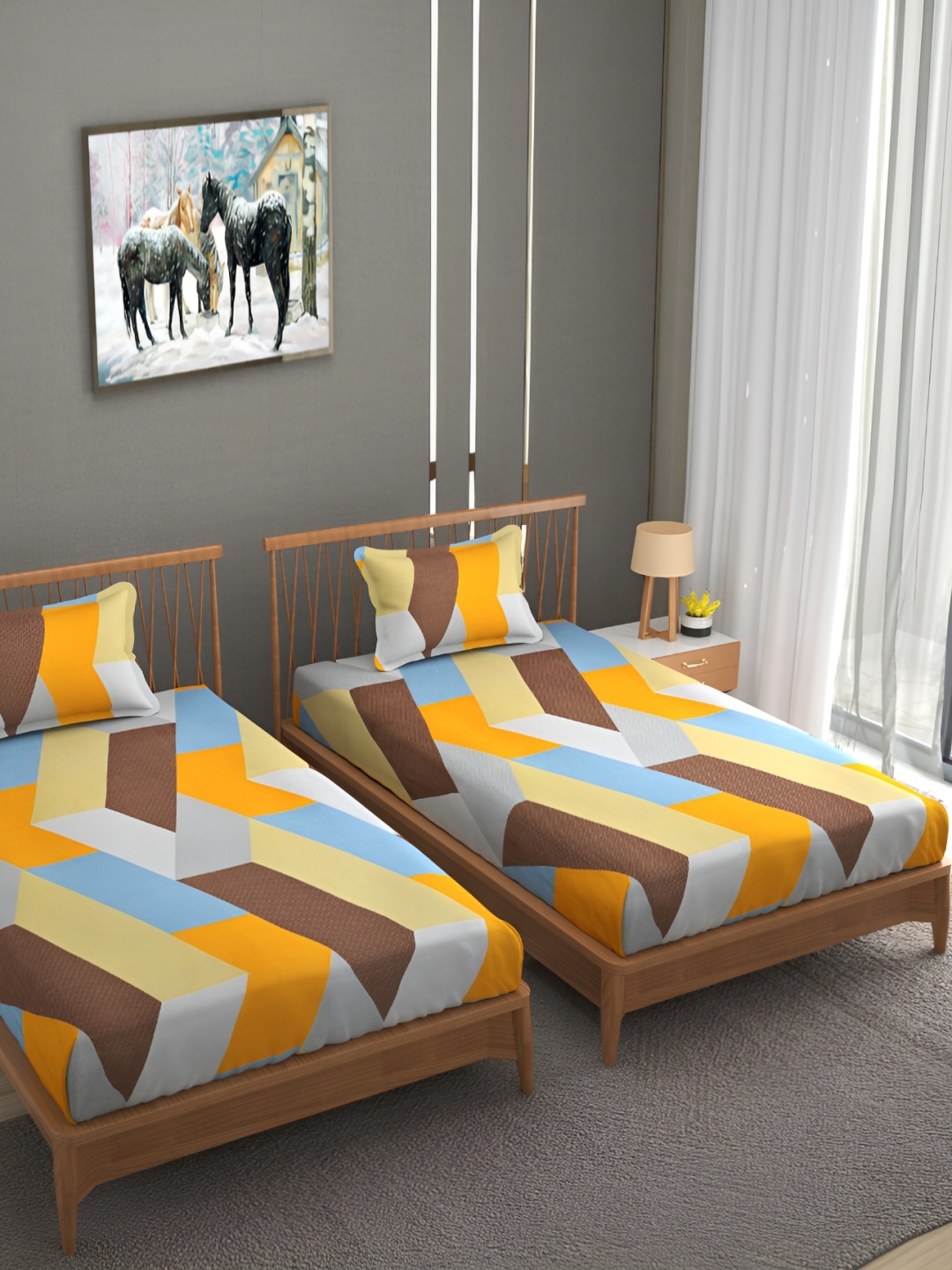 Bromwick Yellow & Brown Geometric Cotton 210 TC 2 Single Bedsheet With 2 Pillow Covers