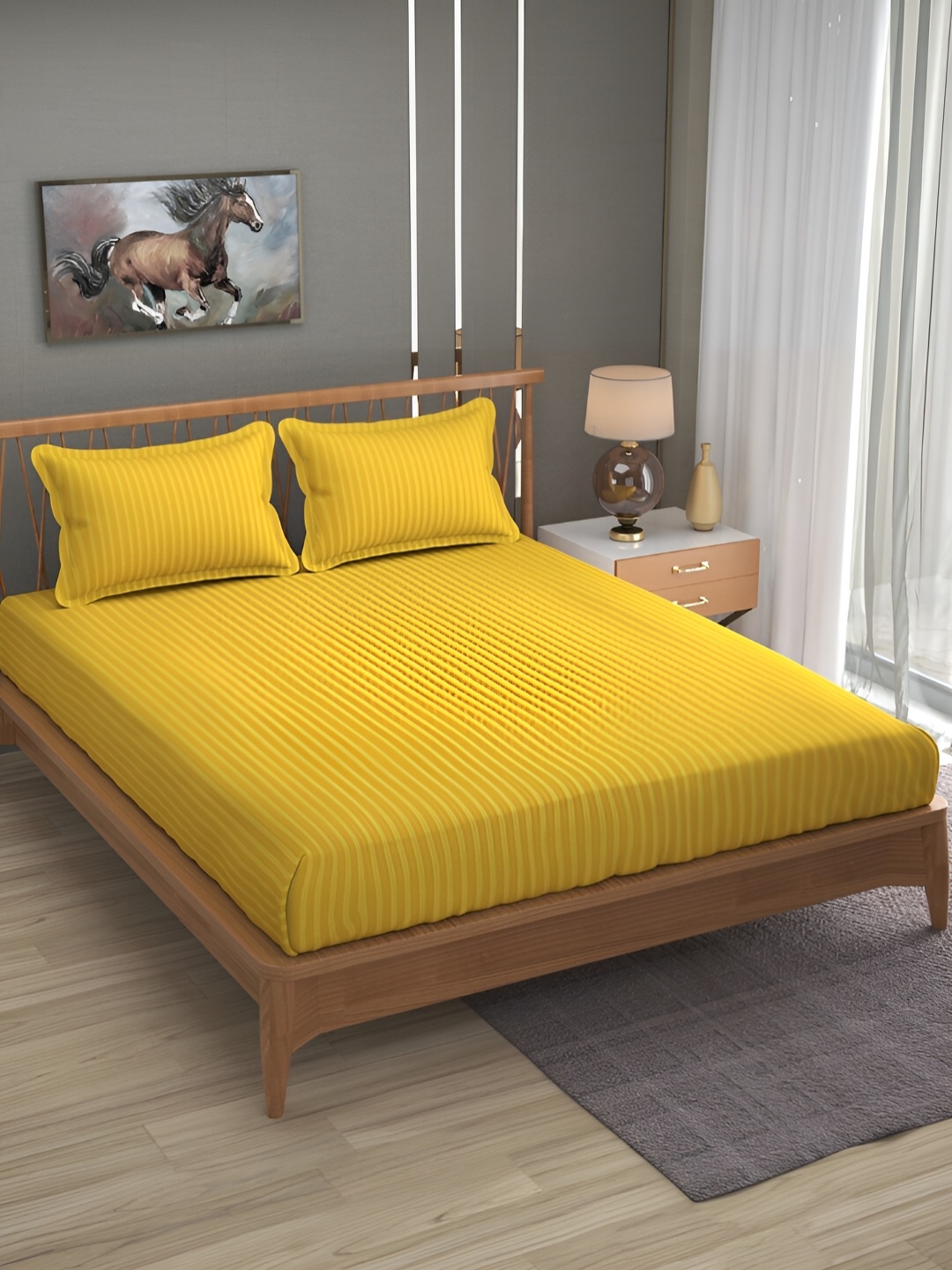 

Bromwick Yellow& Grey Striped Cotton 210 TC Queen Bedsheet with 2 Pillow Covers