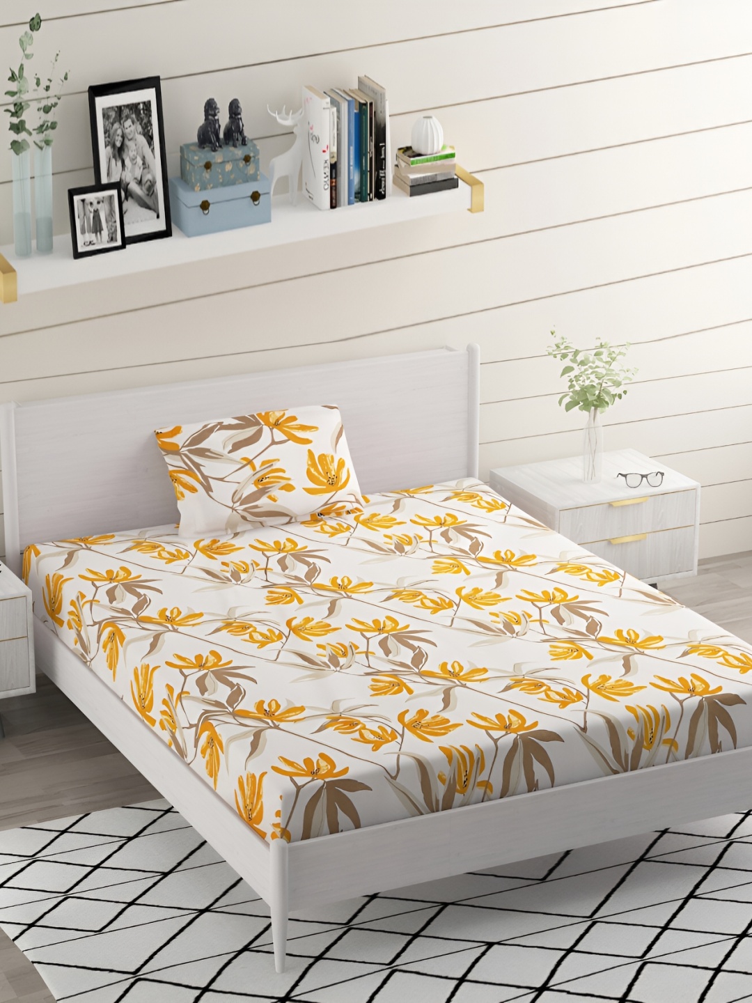

Bromwick White & Orange Floral Cotton 210 TC Single Bedsheet With 1 Pillow Cover