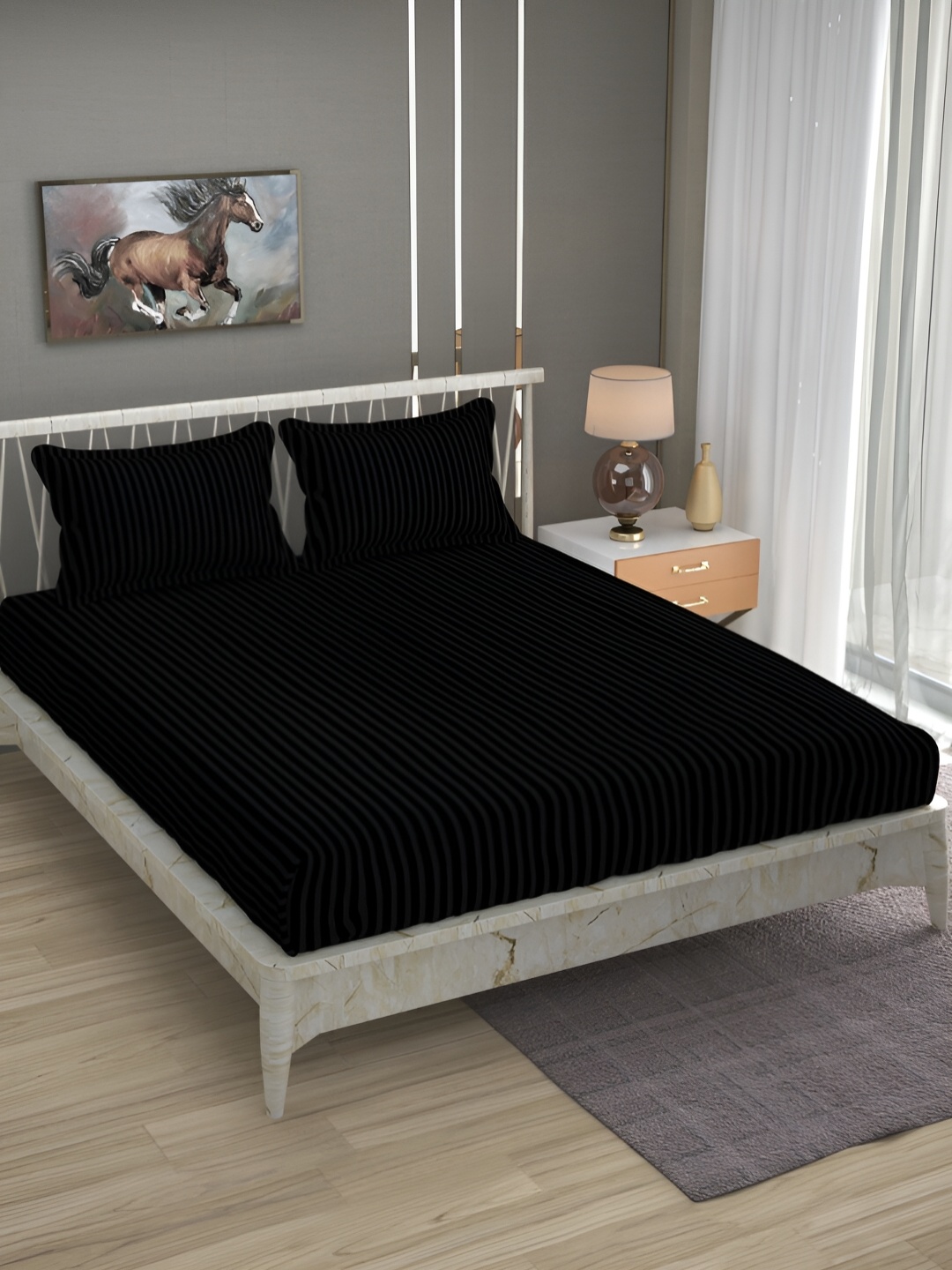 

Bromwick Black Striped Cotton 210 TC Queen Bedsheet with 2 Pillow Covers 110 GSM