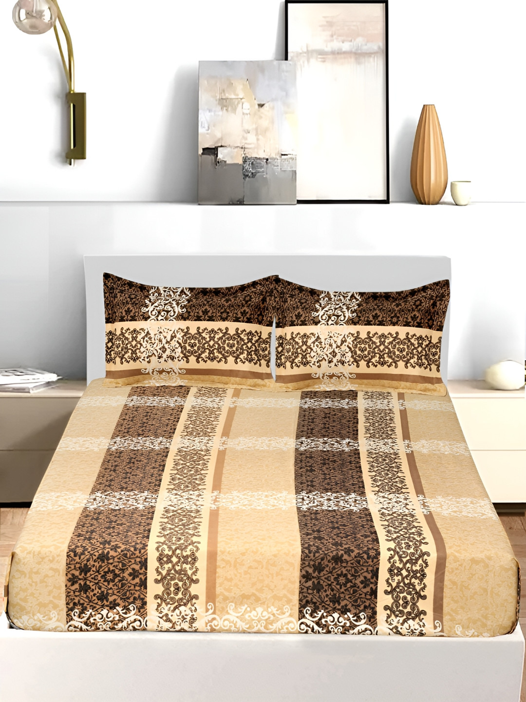 

Bromwick Beige &White Ethnic Motifs Cotton 210 TC Queen Bedsheet with 2 Pillow Covers