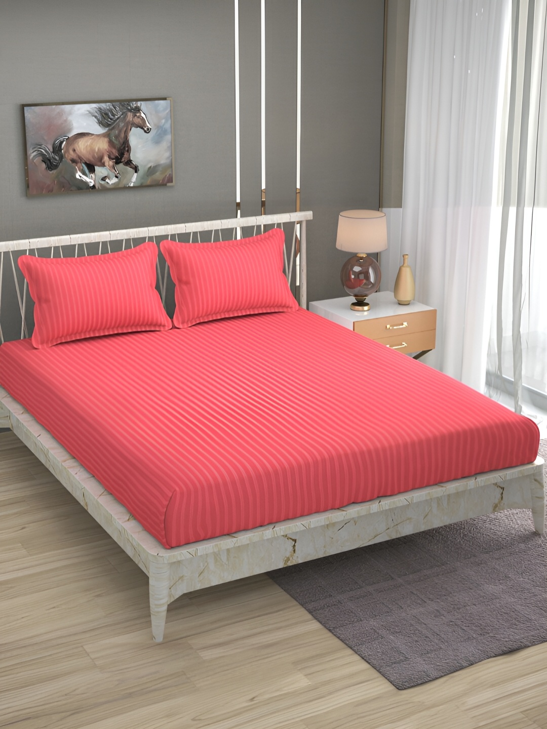 

Bromwick Pink Striped Cotton 210 TC Queen Bedsheet With 2 Pillow Covers