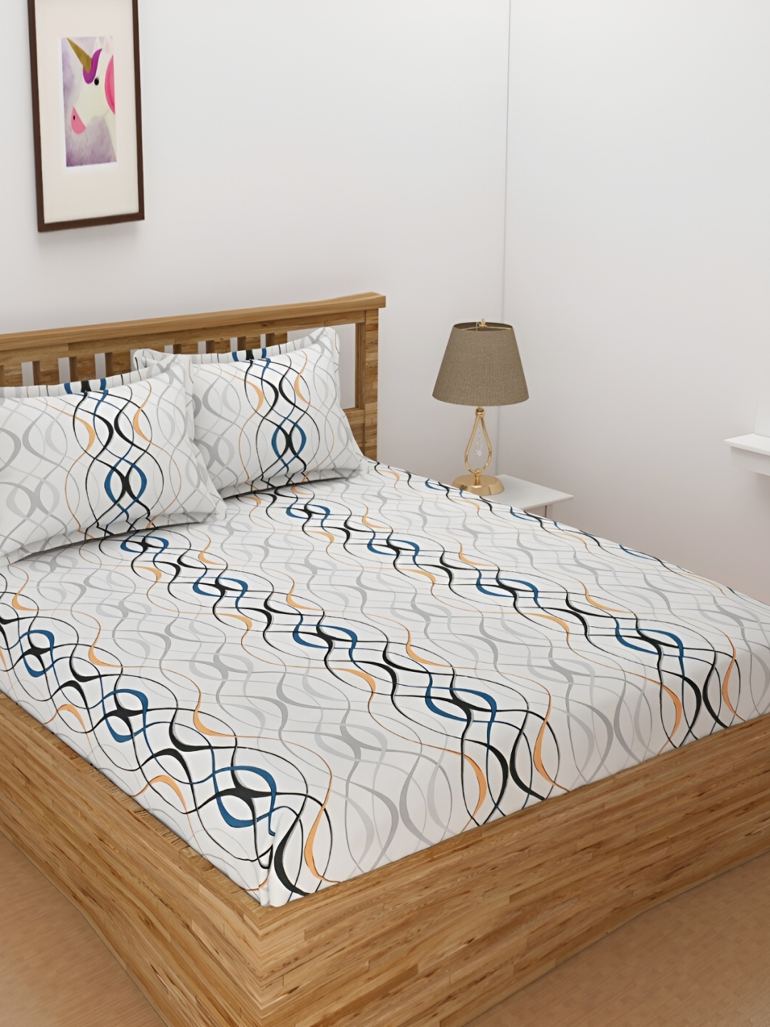 

Bromwick White& Blue Abstract Cotton 210 TC Crib Bedsheet with 2 Pillow Covers