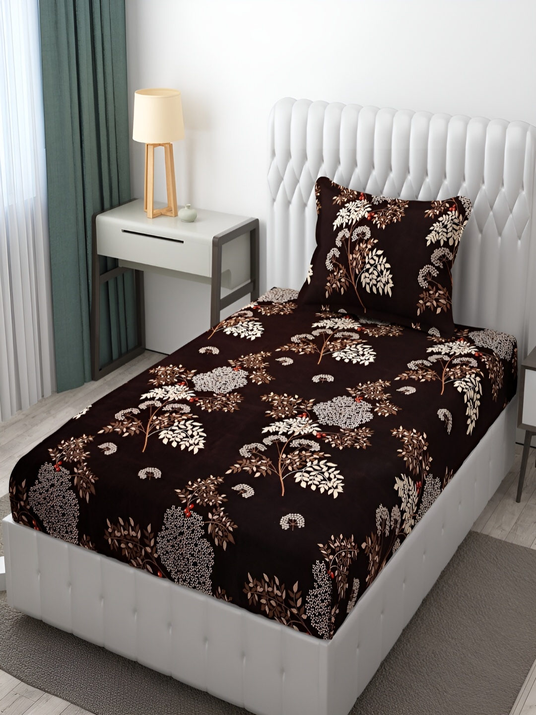 Bromwick Brown Floral Cotton 210 TC Single Bedsheet with 1 Pillow Cover 110 GSM