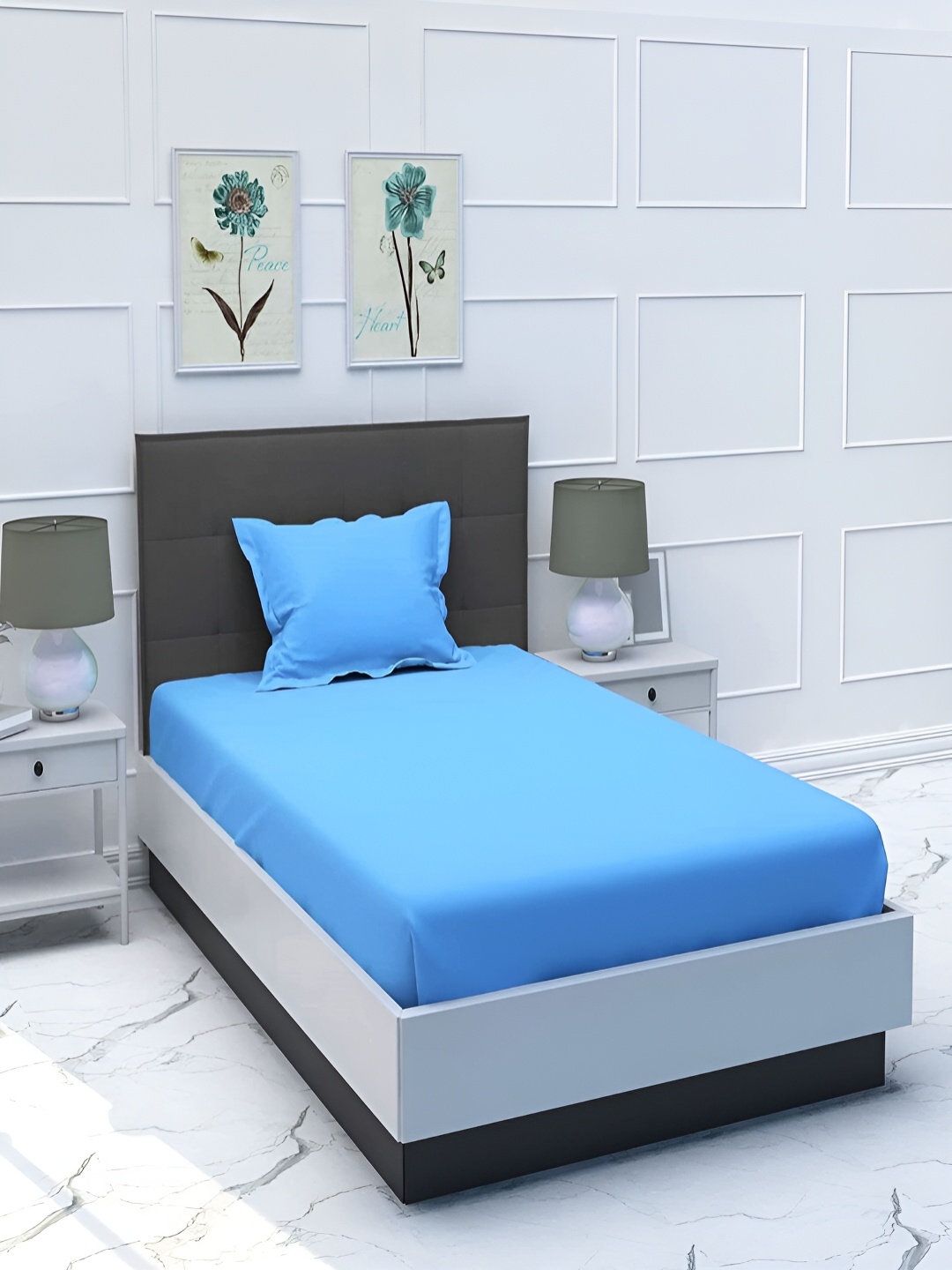 Bromwick Blue Solid Cotton 210 TC Single Bedsheet With 1 Pillow Cover