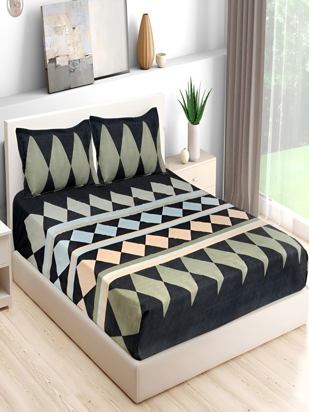 

Bromwick Blue& Grey Geometric Cotton 210 TC Queen Bedsheet with 2 Pillow Covers