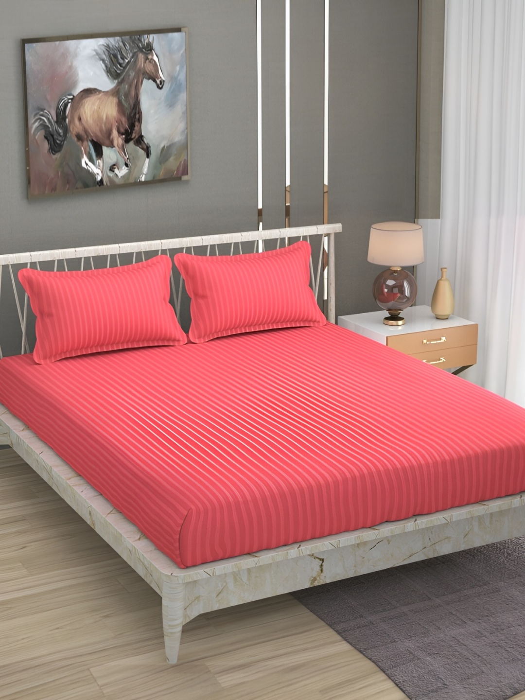 

Bromwick Pink Striped Cotton 210 TC Queen Bedsheet With 2 Pillow Covers
