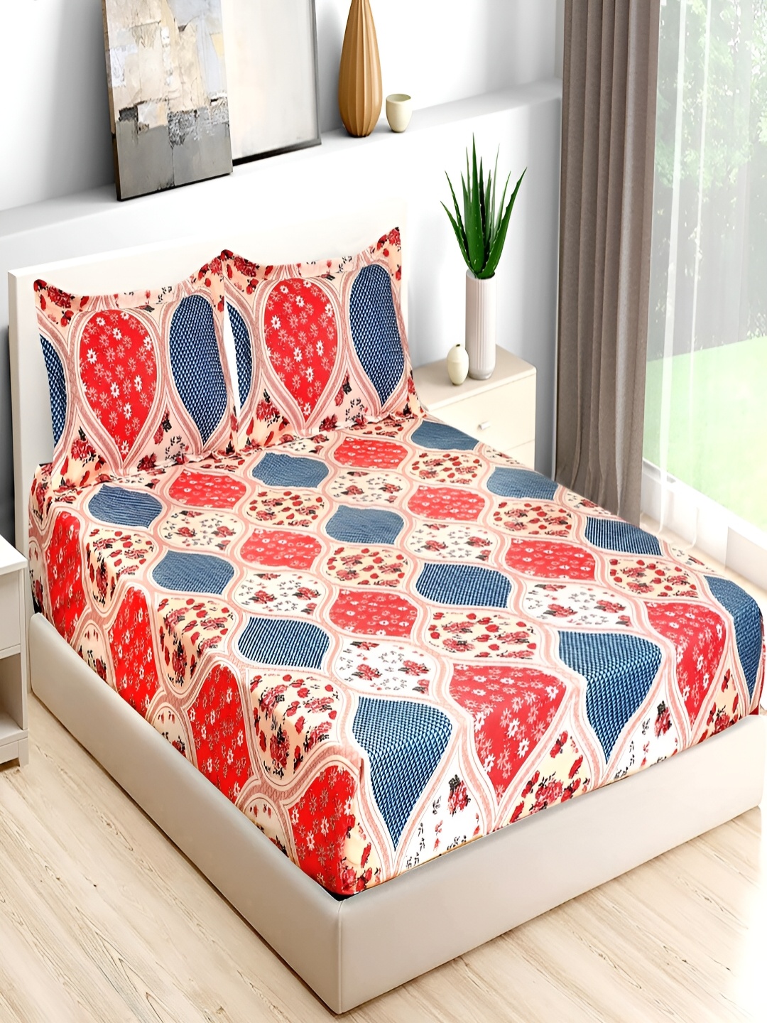 

Bromwick Pink & Blue Floral Cotton 210 TC Fitted Crib Bedsheet with 2 Pillow Covers