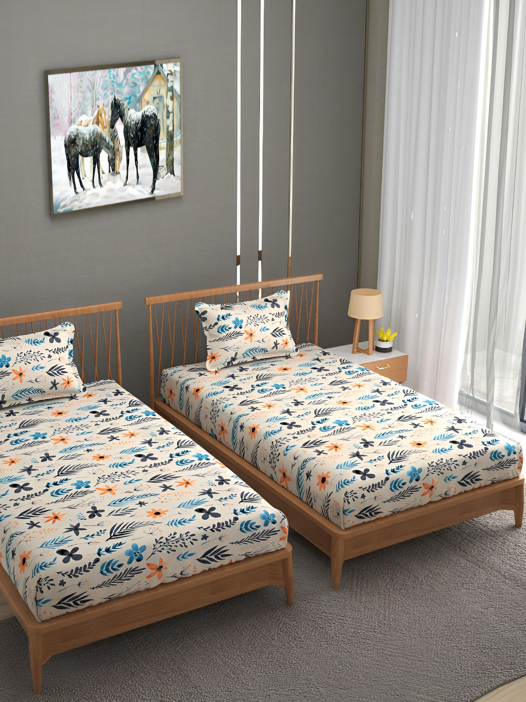 

Bromwick Beige & Blue Floral Cotton 210 TC 2 Single Bedsheet with 2 Pillow Covers 110 GSM