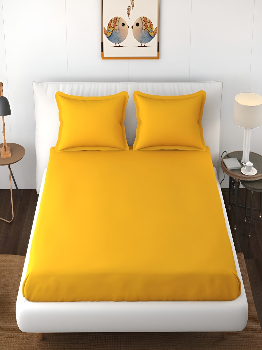 Bromwick Yellow Cotton 210 TC Queen Bedsheet With 2 Pillow Covers