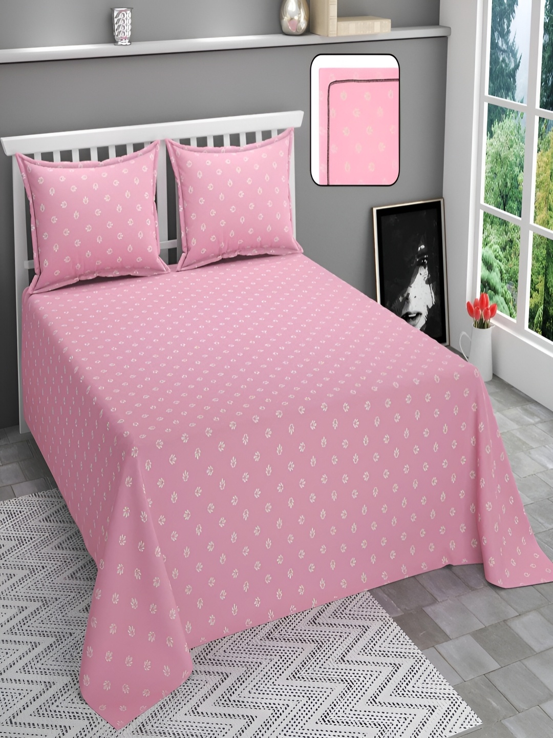 

Bromwick Pink& White Floral Cotton 210 TC Queen Bedsheet with 2 Pillow Covers