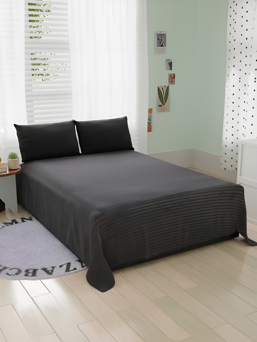 Bromwick Black Striped Cotton 210 TC Queen Bedsheet With 2 Pillow Covers