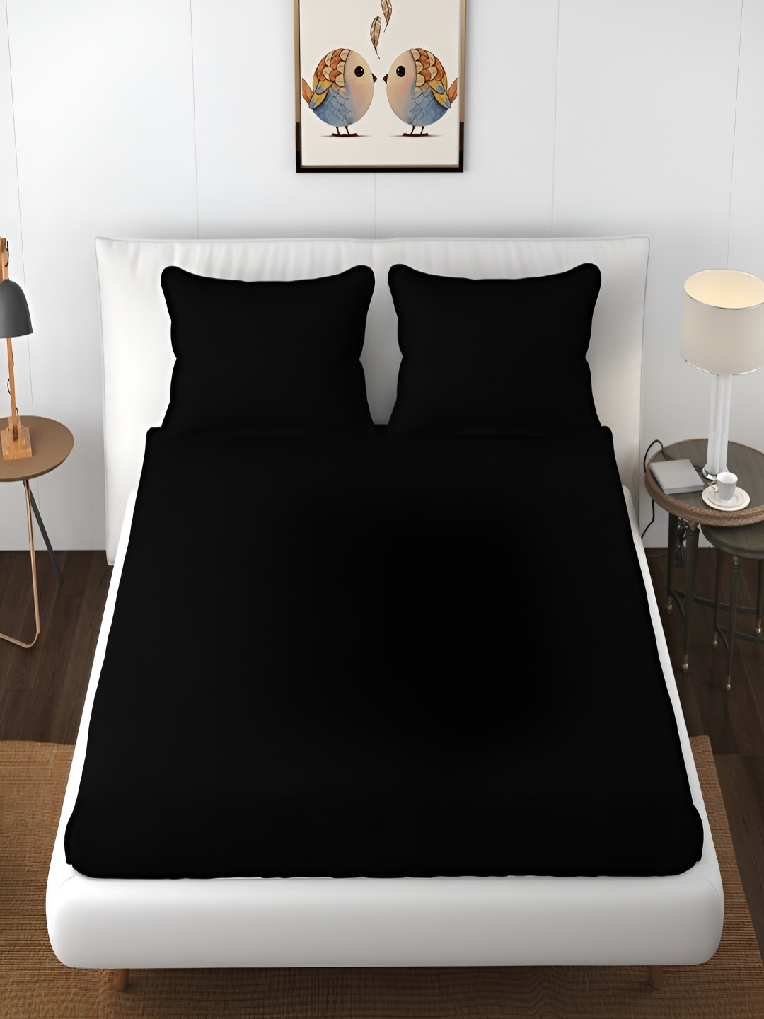 Bromwick Black Solid Cotton 210 TC Queen Bedsheet with 2 Pillow Covers