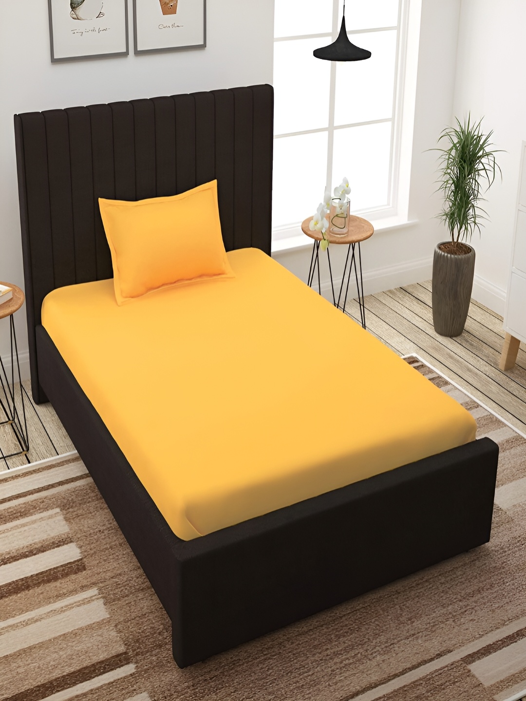 Bromwick Yellow Cotton 210 TC Single Bedsheet With 1 Pillow Cover