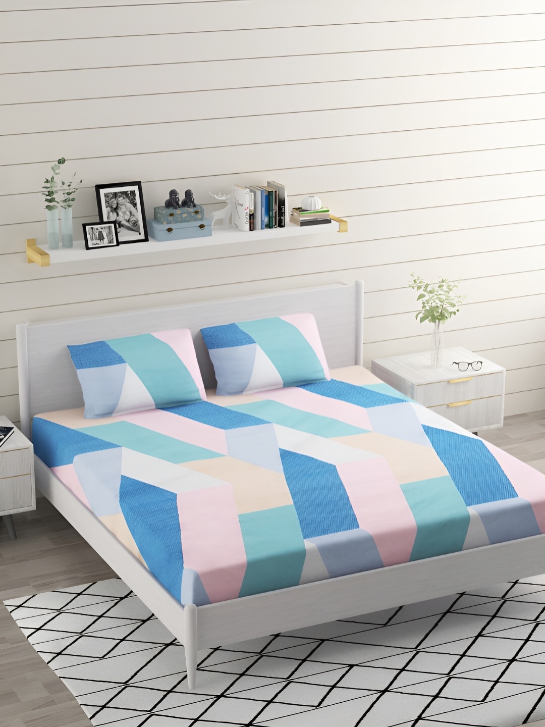 

Bromwick Pink & Blue Geometric Cotton 210 TC Queen Bedsheet With 2 Pillow Covers