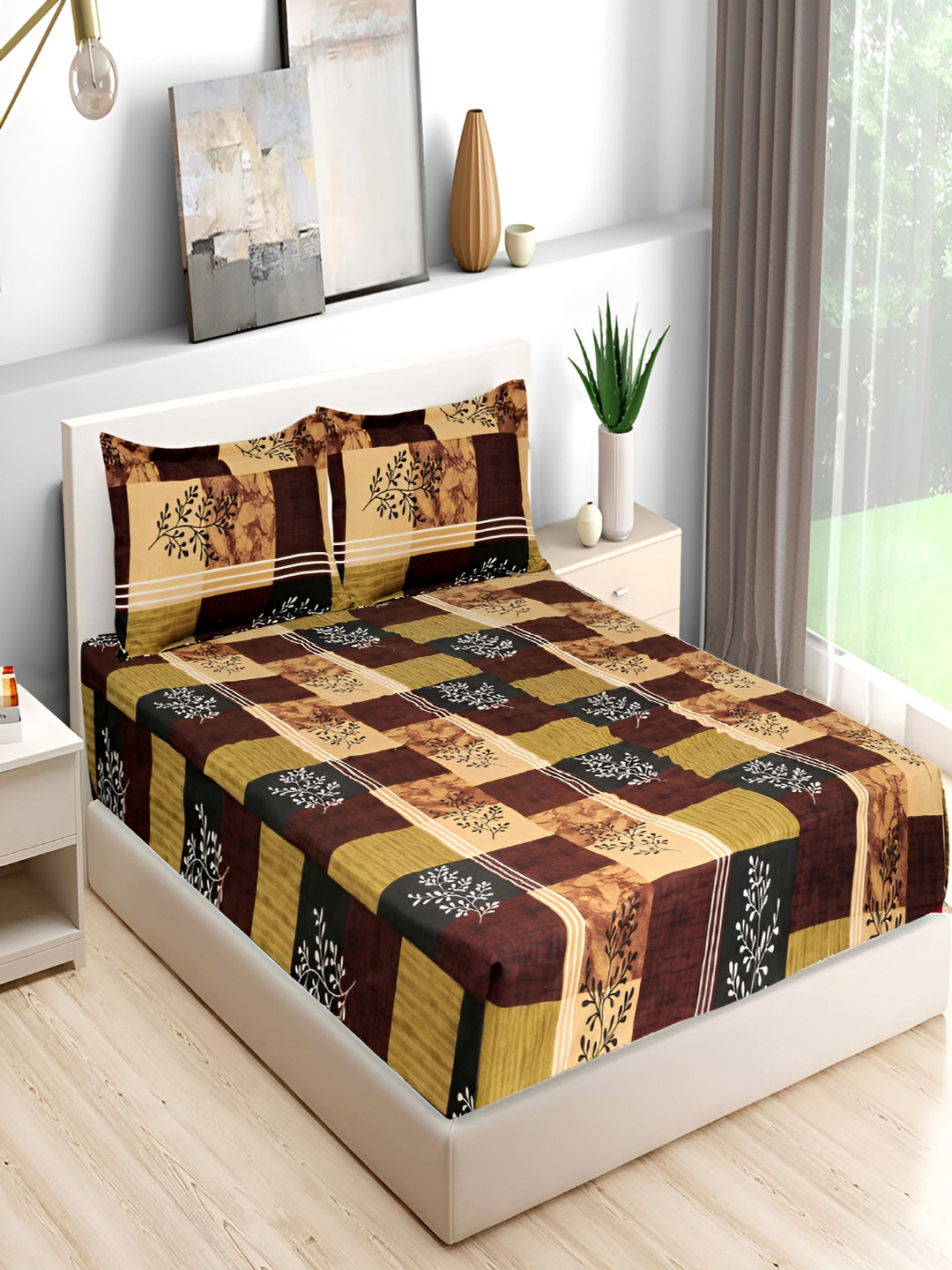 

Bromwick Brown Floral Cotton 210 TC Queen Bedsheet with 2 Pillow Covers 110 GSM