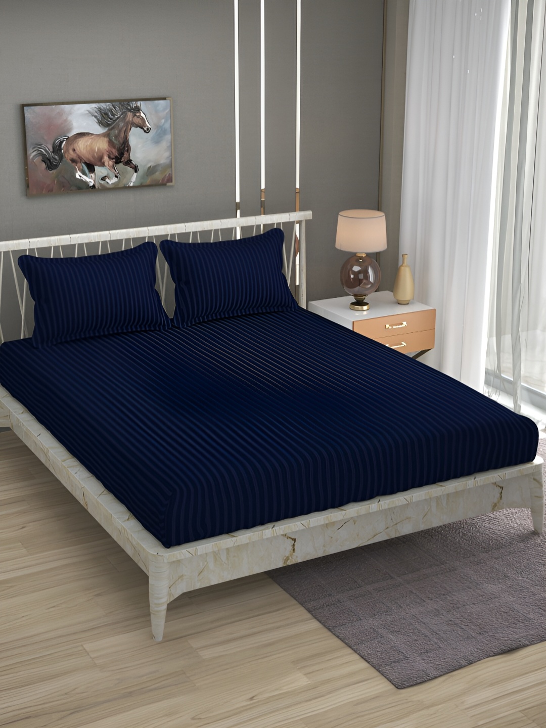 

Bromwick Navy Blue Striped Cotton 210 TC Queen Bedsheet with 2 Pillow Covers 110 GSM