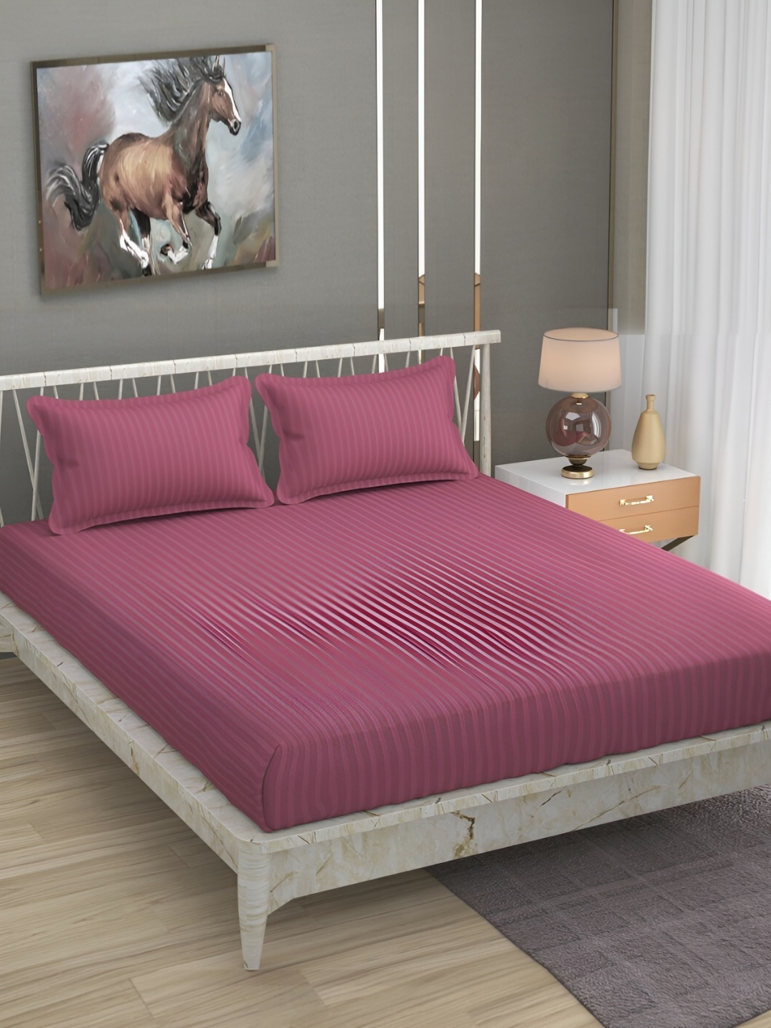 

Bromwick Pink Striped Cotton 210 TC Queen Bedsheet with 2 Pillow Covers 110 GSM